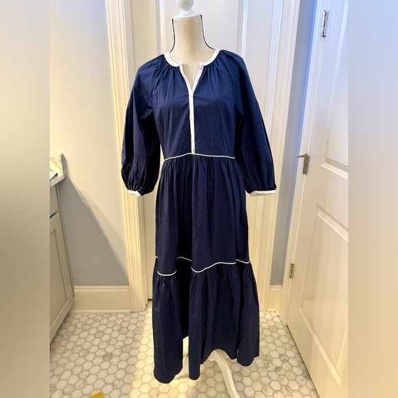 STAUD Demi Tiered Midi Dress Cotton Poplin Navy - M - Picture 2 of 6
